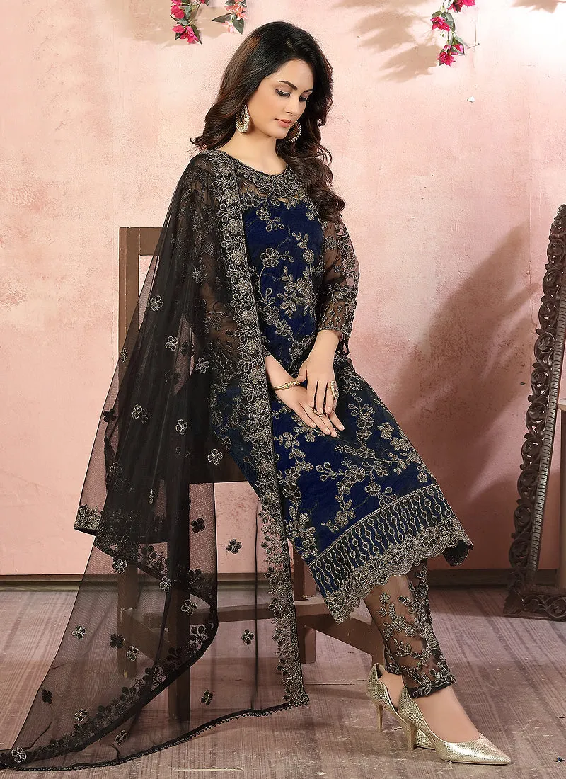 Navy Blue Embroidered Pant Style Salwar Suit