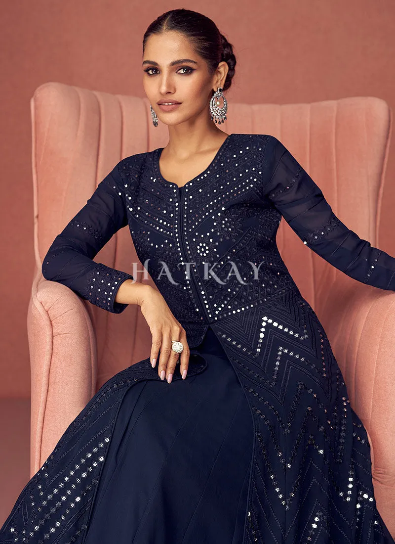 Navy Blue Sequence Embroidered Anarkali Lehenga