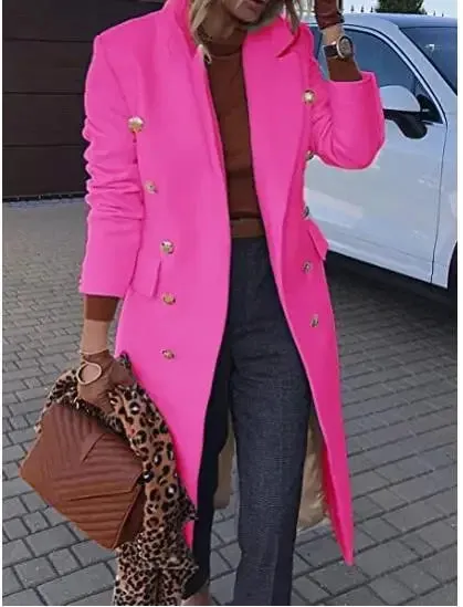 New 2024 Autumn Winter Women Jackets Lapel Wool Coats Solid Double Breasted Ladies Knee Length Blends Coat Womens Overcoat 4XL