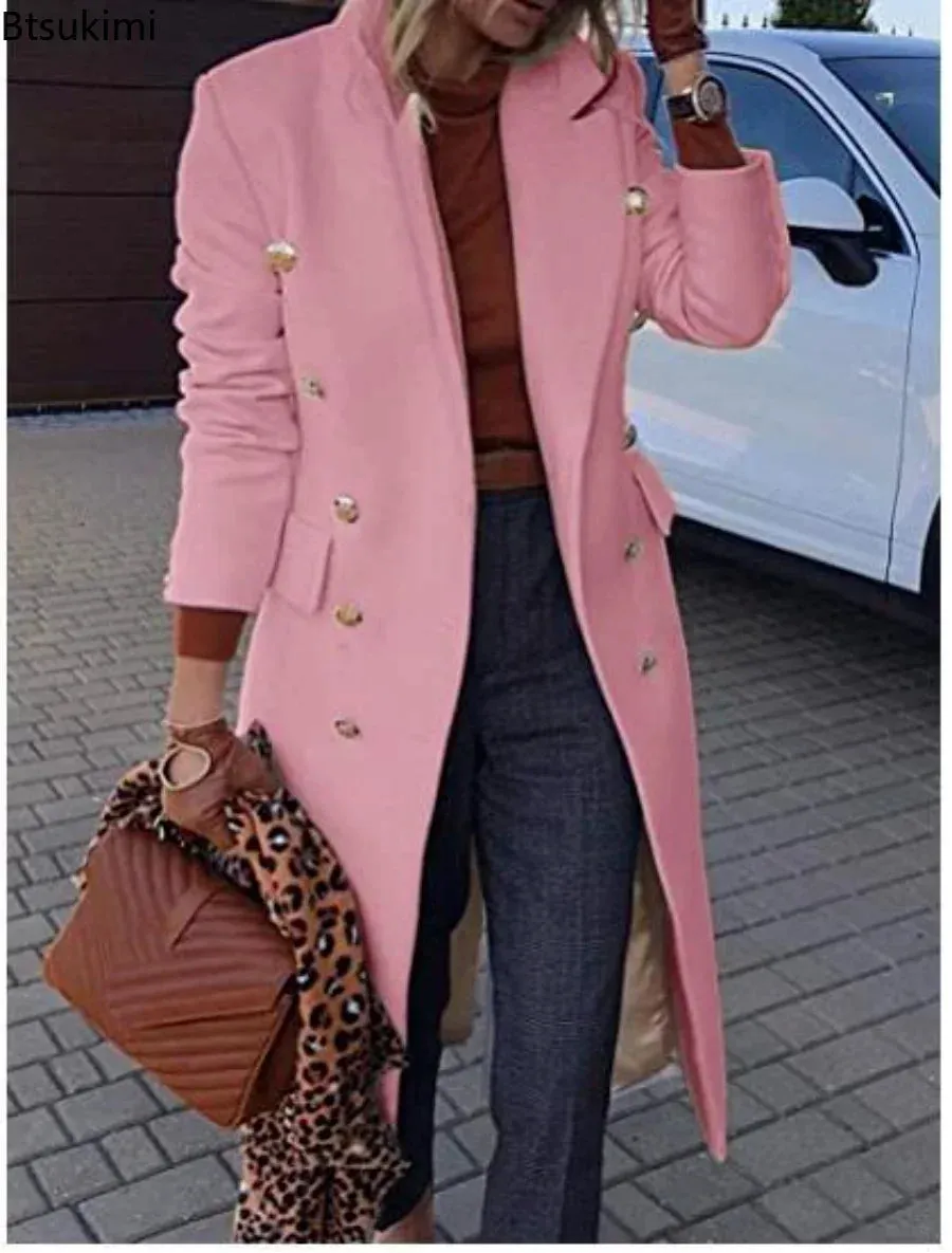 New 2024 Autumn Winter Women Jackets Lapel Wool Coats Solid Double Breasted Ladies Knee Length Blends Coat Womens Overcoat 4XL