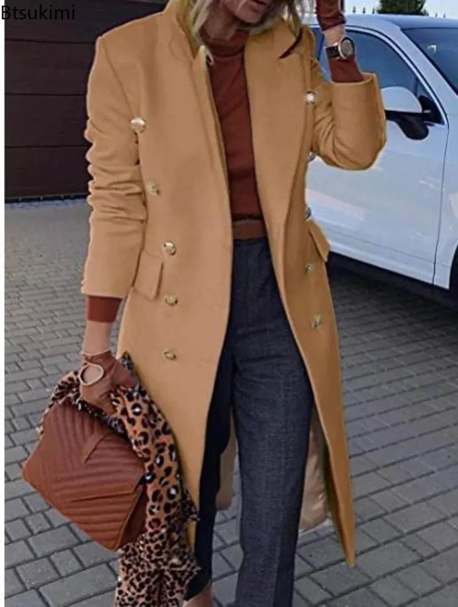 New 2024 Autumn Winter Women Jackets Lapel Wool Coats Solid Double Breasted Ladies Knee Length Blends Coat Womens Overcoat 4XL