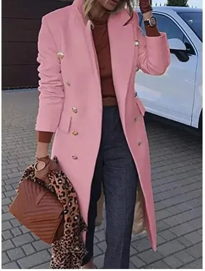 New 2024 Autumn Winter Women Jackets Lapel Wool Coats Solid Double Breasted Ladies Knee Length Blends Coat Womens Overcoat 4XL
