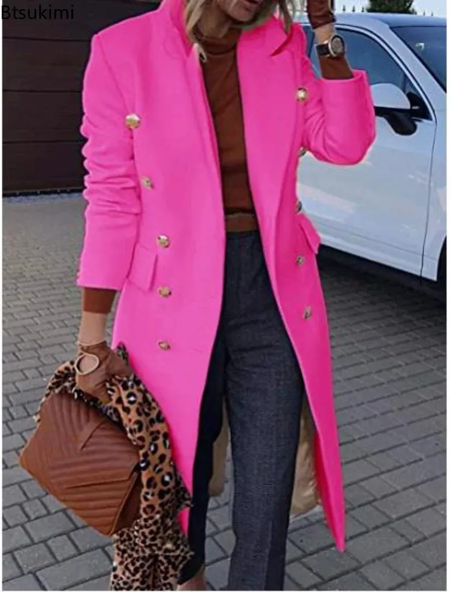 New 2024 Autumn Winter Women Jackets Lapel Wool Coats Solid Double Breasted Ladies Knee Length Blends Coat Womens Overcoat 4XL