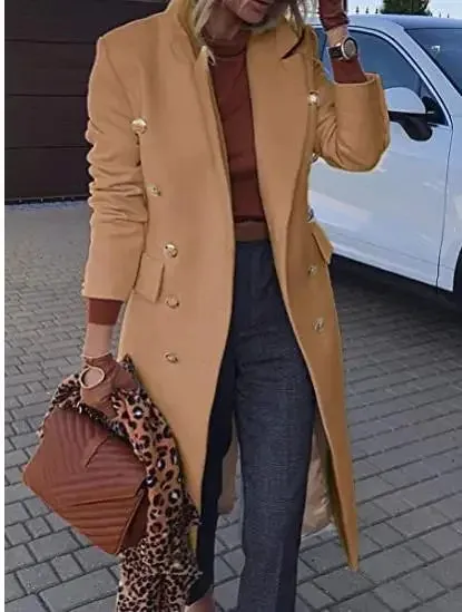 New 2024 Autumn Winter Women Jackets Lapel Wool Coats Solid Double Breasted Ladies Knee Length Blends Coat Womens Overcoat 4XL