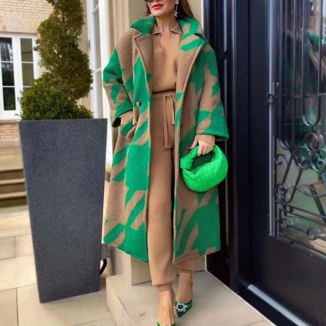 new autumn New women's clothing, a variety of color matching fashion long-sleeved lapel jackets, printed woolen coats