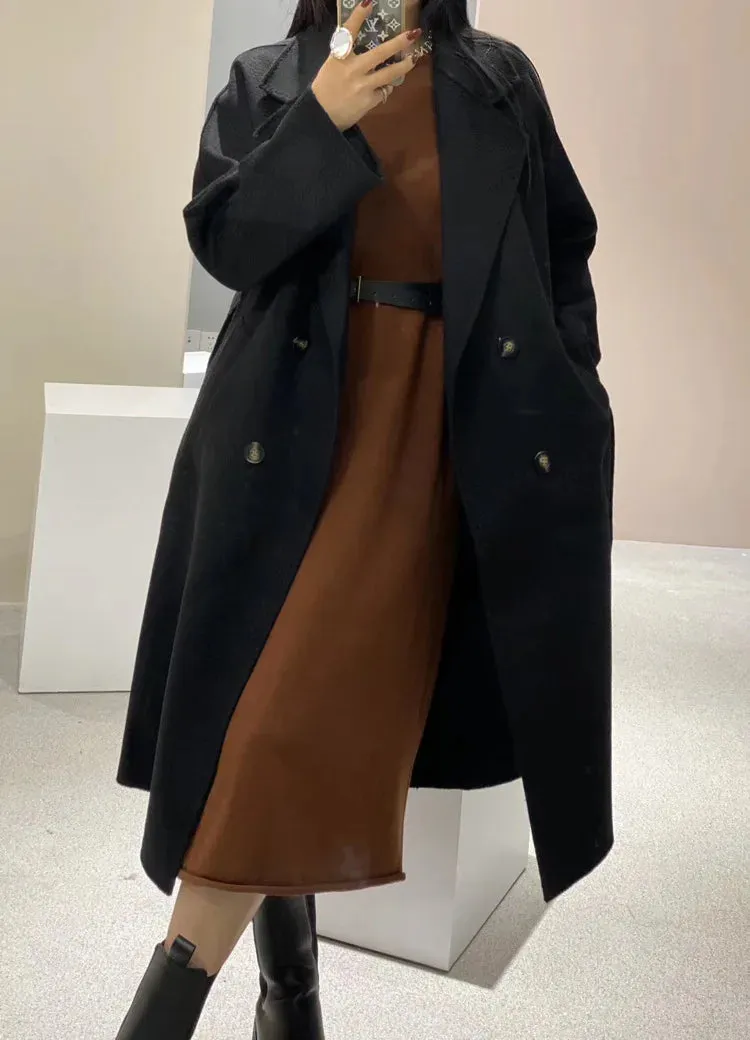 New Women High-end Double-sided Cashmere Coat Long Water Ripple Coats Double-sided Woolen Jacket Loose Tie Female Autumn Winter