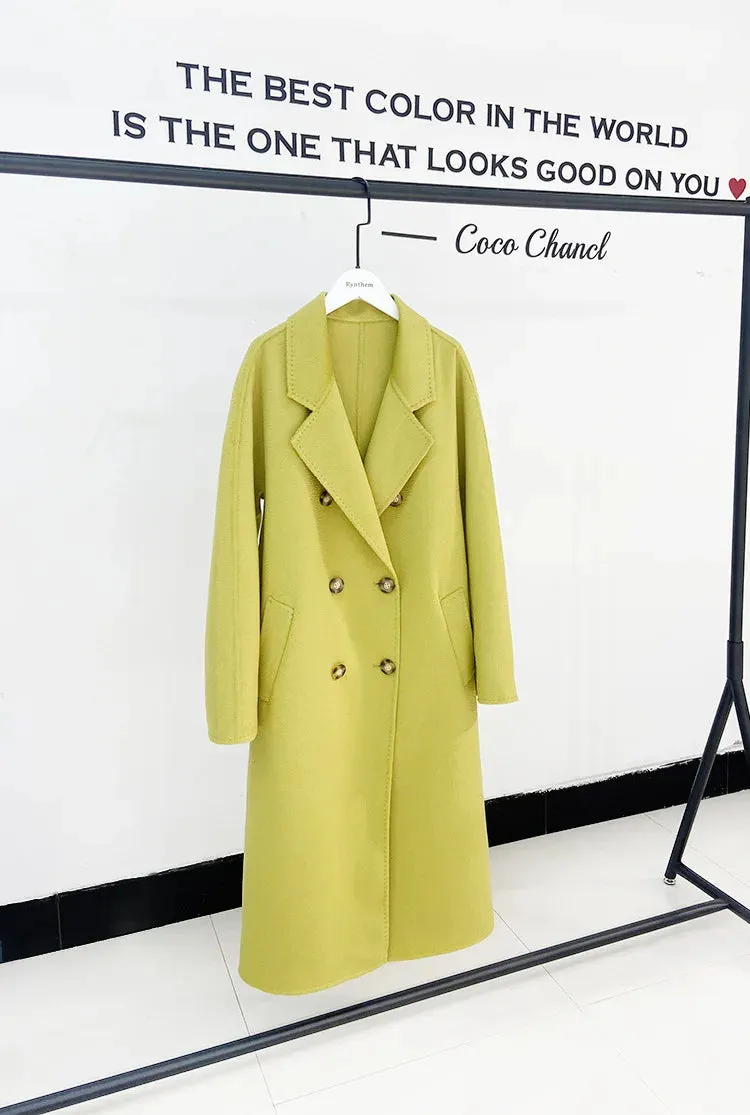 New Women High-end Double-sided Cashmere Coat Long Water Ripple Coats Double-sided Woolen Jacket Loose Tie Female Autumn Winter