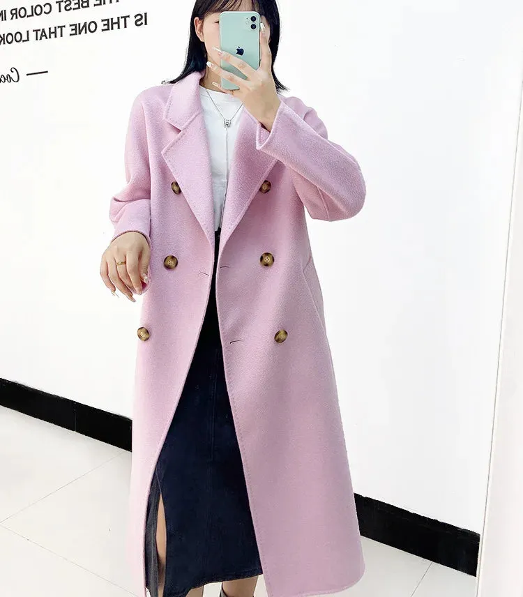 New Women High-end Double-sided Cashmere Coat Long Water Ripple Coats Double-sided Woolen Jacket Loose Tie Female Autumn Winter