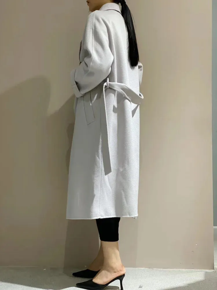 New Women High-end Double-sided Cashmere Coat Long Water Ripple Coats Double-sided Woolen Jacket Loose Tie Female Autumn Winter