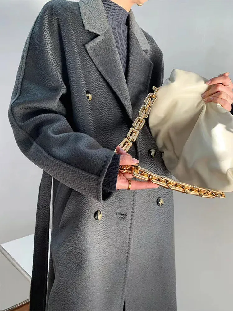 New Women High-end Double-sided Cashmere Coat Long Water Ripple Coats Double-sided Woolen Jacket Loose Tie Female Autumn Winter