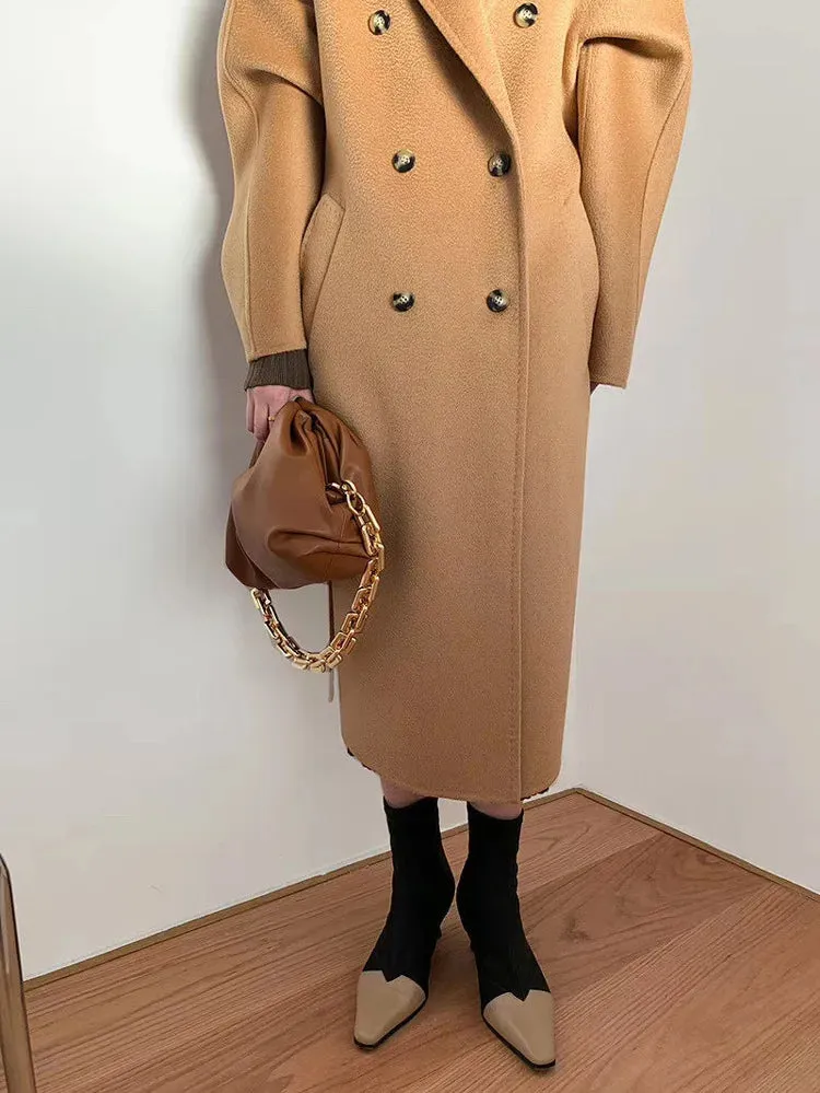 New Women High-end Double-sided Cashmere Coat Long Water Ripple Coats Double-sided Woolen Jacket Loose Tie Female Autumn Winter