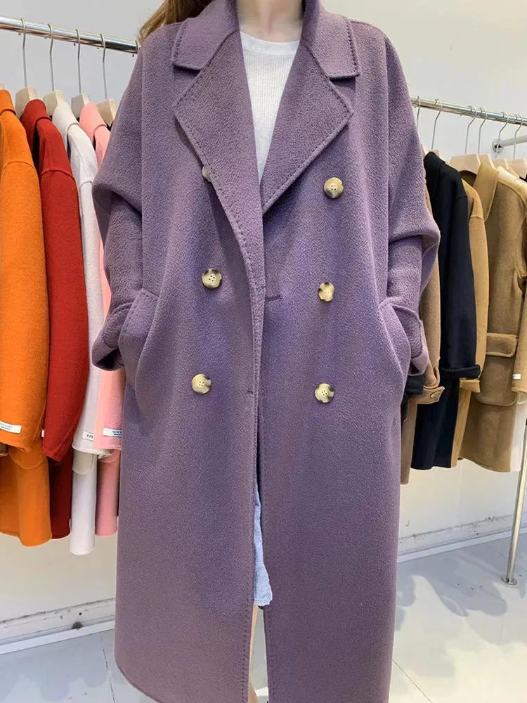 New Women High-end Double-sided Cashmere Coat Long Water Ripple Coats Double-sided Woolen Jacket Loose Tie Female Autumn Winter