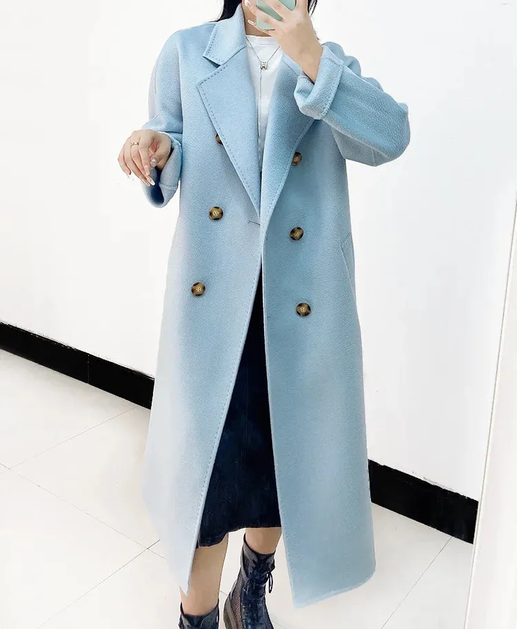 New Women High-end Double-sided Cashmere Coat Long Water Ripple Coats Double-sided Woolen Jacket Loose Tie Female Autumn Winter