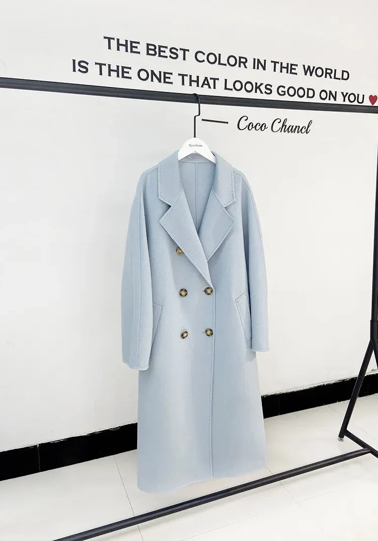 New Women High-end Double-sided Cashmere Coat Long Water Ripple Coats Double-sided Woolen Jacket Loose Tie Female Autumn Winter