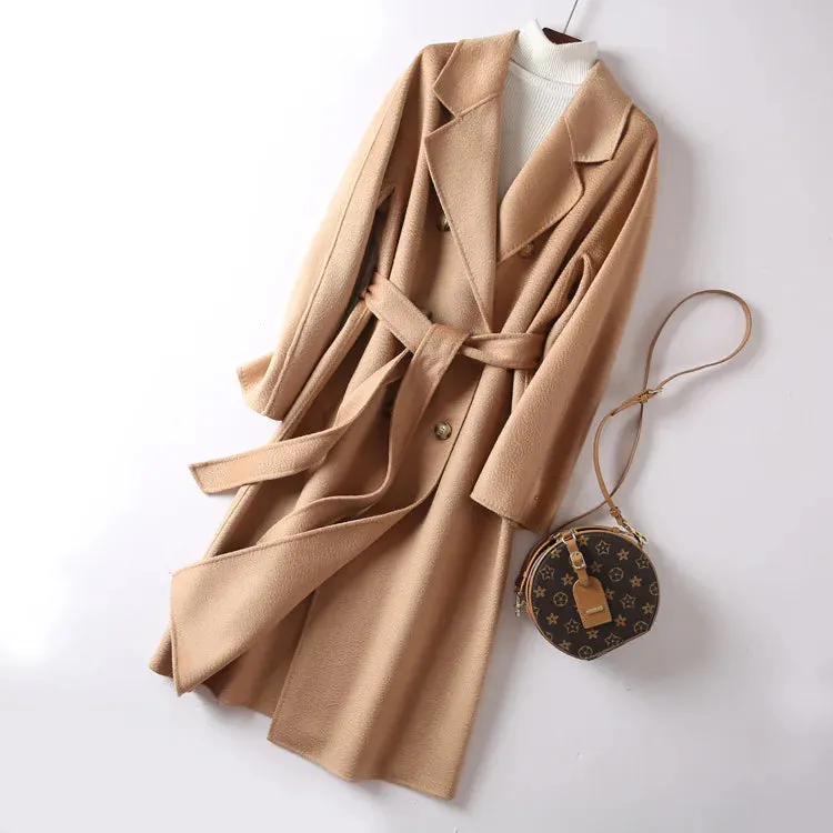 New Women High-end Double-sided Cashmere Coat Long Water Ripple Coats Double-sided Woolen Jacket Loose Tie Female Autumn Winter