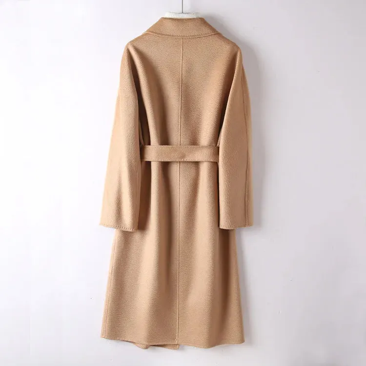 New Women High-end Double-sided Cashmere Coat Long Water Ripple Coats Double-sided Woolen Jacket Loose Tie Female Autumn Winter