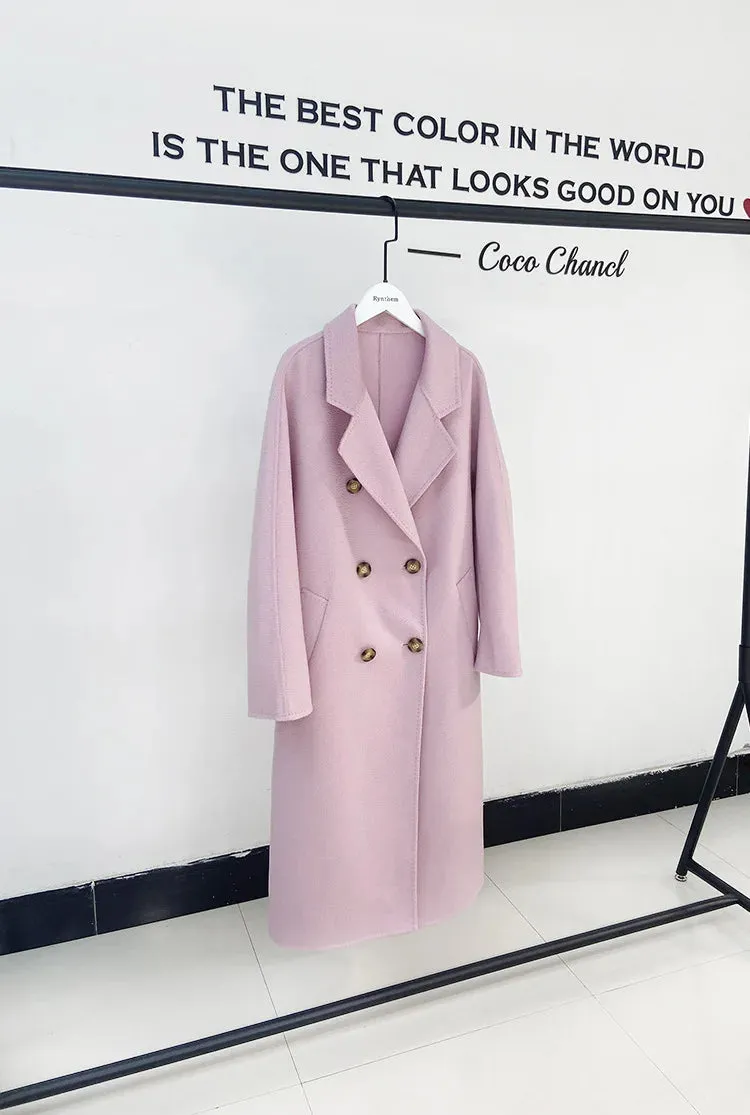 New Women High-end Double-sided Cashmere Coat Long Water Ripple Coats Double-sided Woolen Jacket Loose Tie Female Autumn Winter