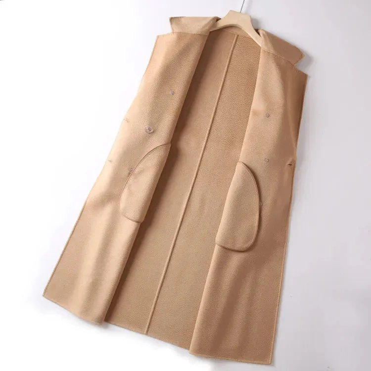 New Women High-end Double-sided Cashmere Coat Long Water Ripple Coats Double-sided Woolen Jacket Loose Tie Female Autumn Winter