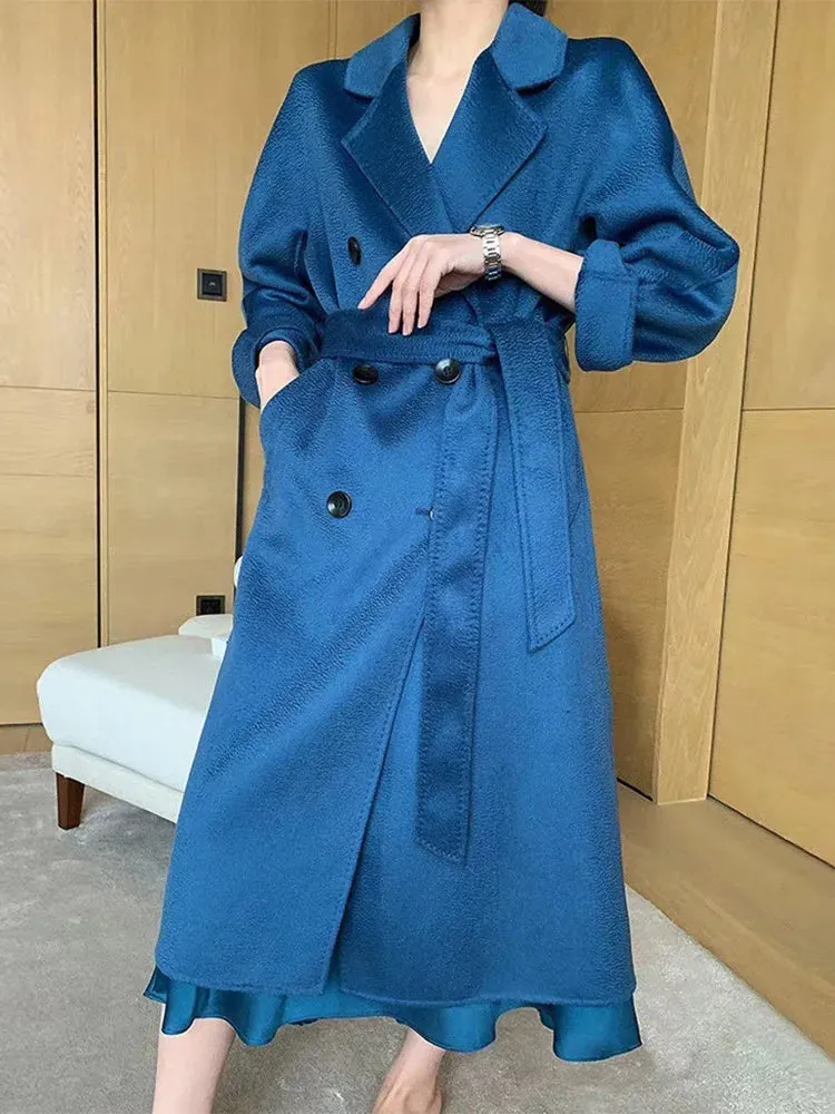 New Women High-end Double-sided Cashmere Coat Long Water Ripple Coats Double-sided Woolen Jacket Loose Tie Female Autumn Winter