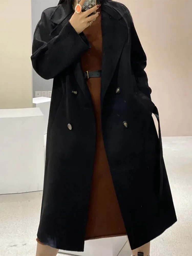 New Women High-end Double-sided Cashmere Coat Long Water Ripple Coats Double-sided Woolen Jacket Loose Tie Female Autumn Winter