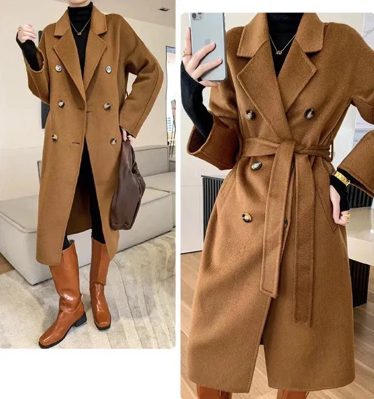 New Women High-end Double-sided Cashmere Coat Long Water Ripple Coats Double-sided Woolen Jacket Loose Tie Female Autumn Winter