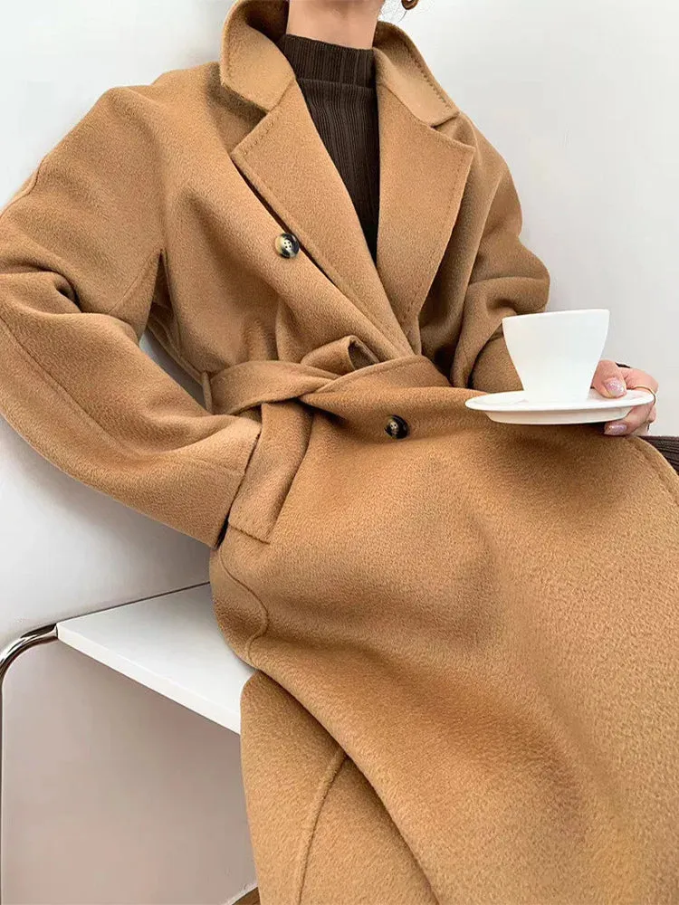 New Women High-end Double-sided Cashmere Coat Long Water Ripple Coats Double-sided Woolen Jacket Loose Tie Female Autumn Winter