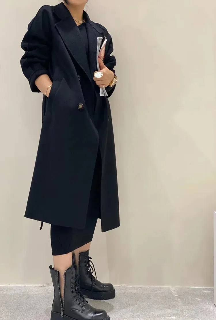 New Women High-end Double-sided Cashmere Coat Long Water Ripple Coats Double-sided Woolen Jacket Loose Tie Female Autumn Winter