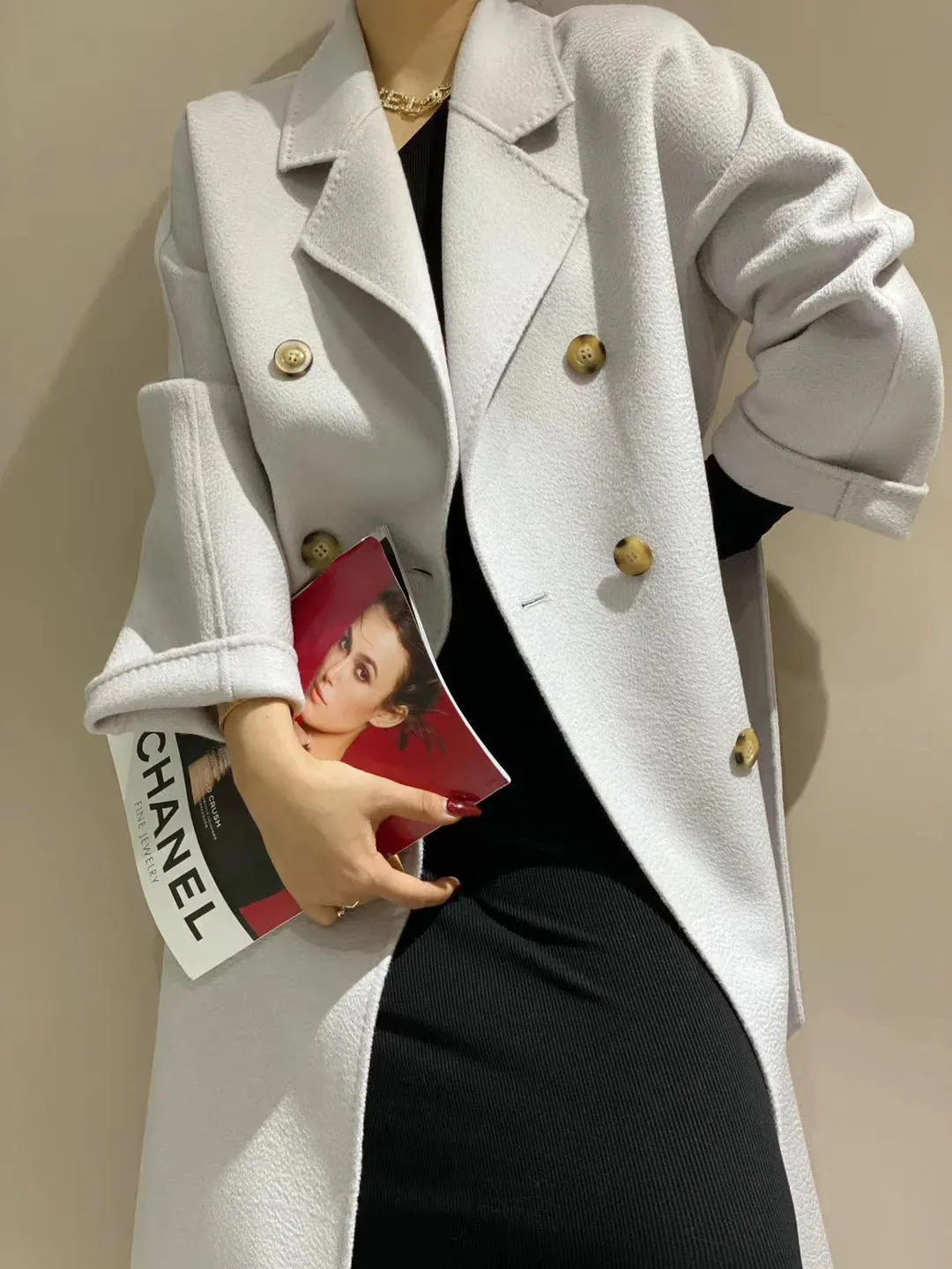 New Women High-end Double-sided Cashmere Coat Long Water Ripple Coats Double-sided Woolen Jacket Loose Tie Female Autumn Winter