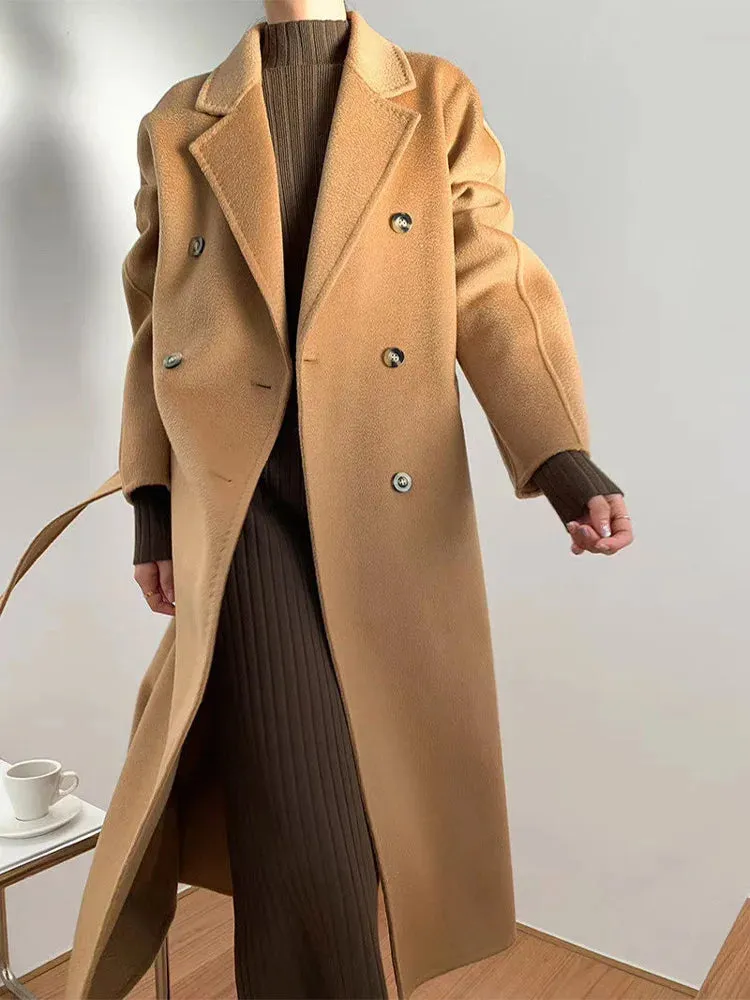 New Women High-end Double-sided Cashmere Coat Long Water Ripple Coats Double-sided Woolen Jacket Loose Tie Female Autumn Winter