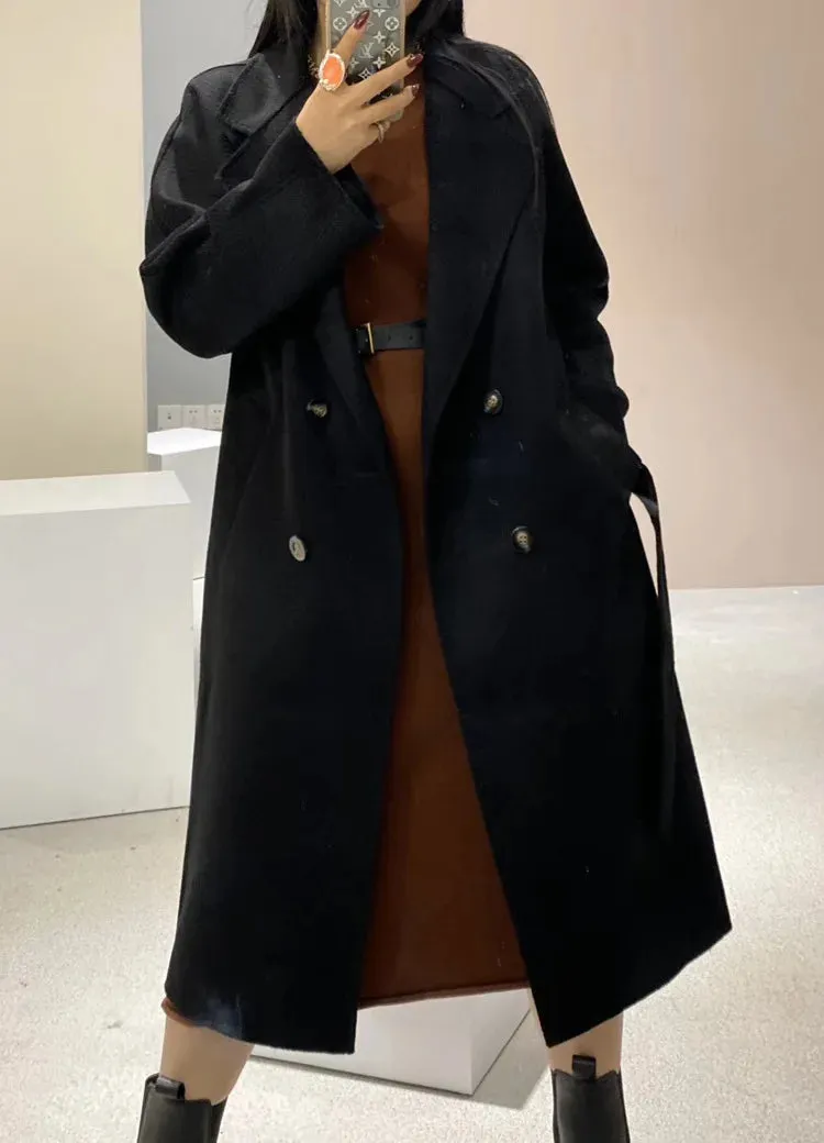 New Women High-end Double-sided Cashmere Coat Long Water Ripple Coats Double-sided Woolen Jacket Loose Tie Female Autumn Winter