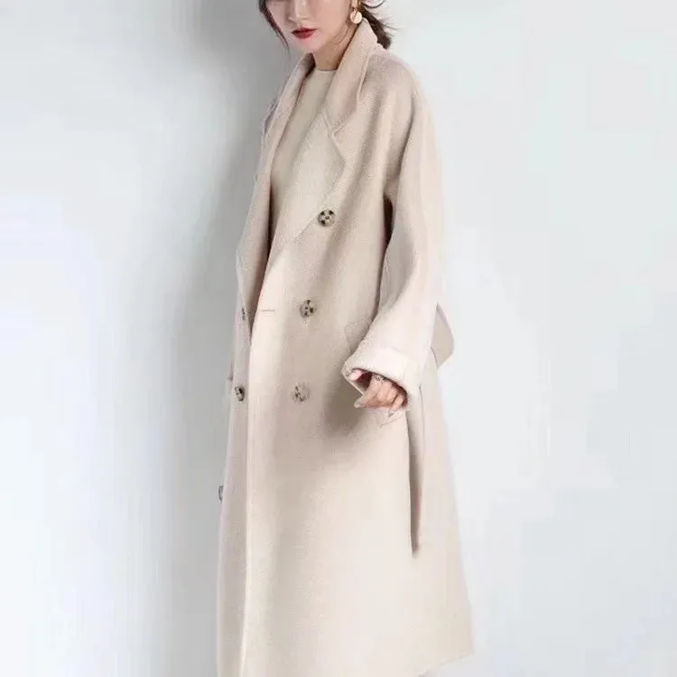 New Women High-end Double-sided Cashmere Coat Long Water Ripple Coats Double-sided Woolen Jacket Loose Tie Female Autumn Winter