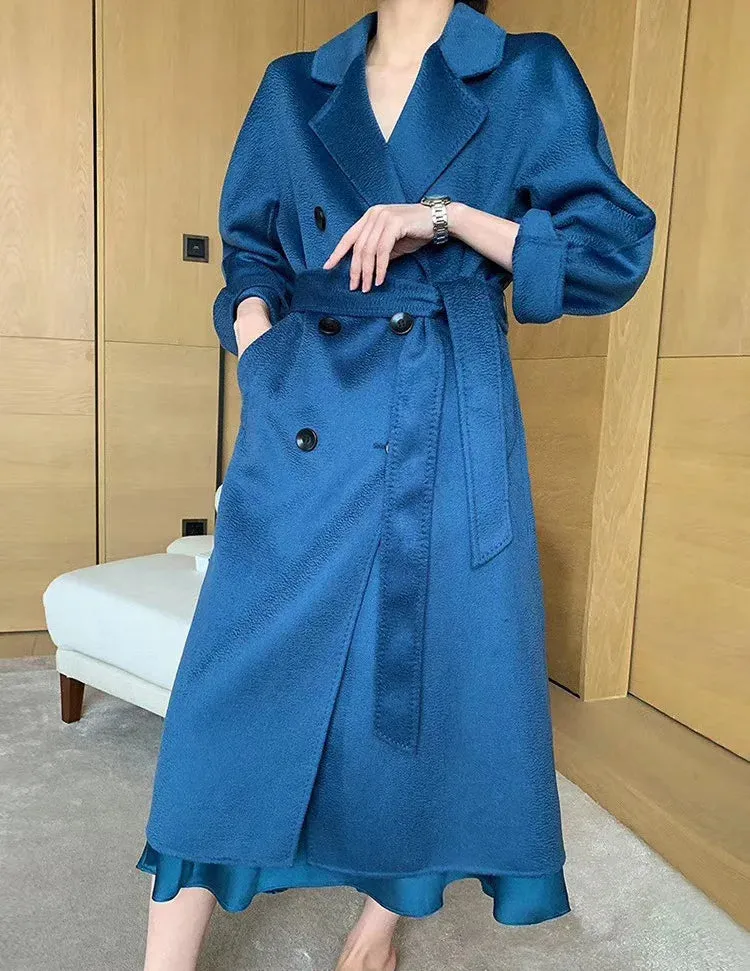 New Women High-end Double-sided Cashmere Coat Long Water Ripple Coats Double-sided Woolen Jacket Loose Tie Female Autumn Winter