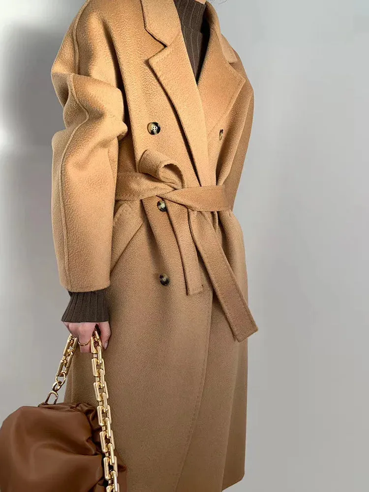 New Women High-end Double-sided Cashmere Coat Long Water Ripple Coats Double-sided Woolen Jacket Loose Tie Female Autumn Winter