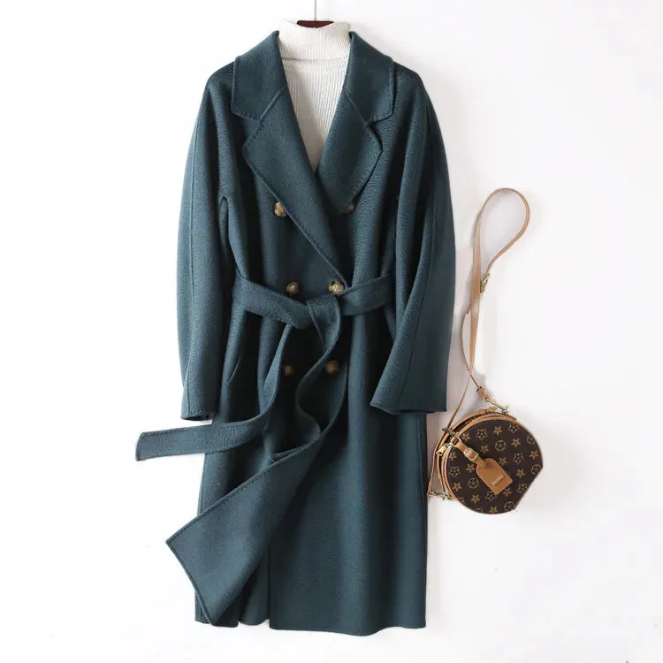 New Women High-end Double-sided Cashmere Coat Long Water Ripple Coats Double-sided Woolen Jacket Loose Tie Female Autumn Winter