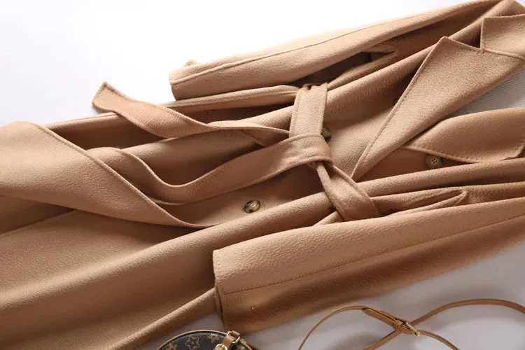 New Women High-end Double-sided Cashmere Coat Long Water Ripple Coats Double-sided Woolen Jacket Loose Tie Female Autumn Winter