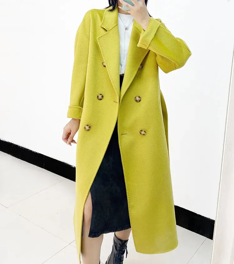 New Women High-end Double-sided Cashmere Coat Long Water Ripple Coats Double-sided Woolen Jacket Loose Tie Female Autumn Winter