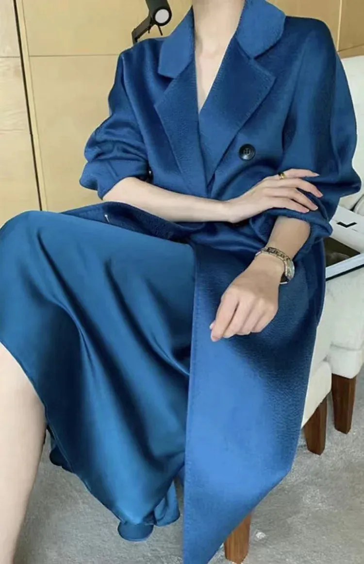 New Women High-end Double-sided Cashmere Coat Long Water Ripple Coats Double-sided Woolen Jacket Loose Tie Female Autumn Winter