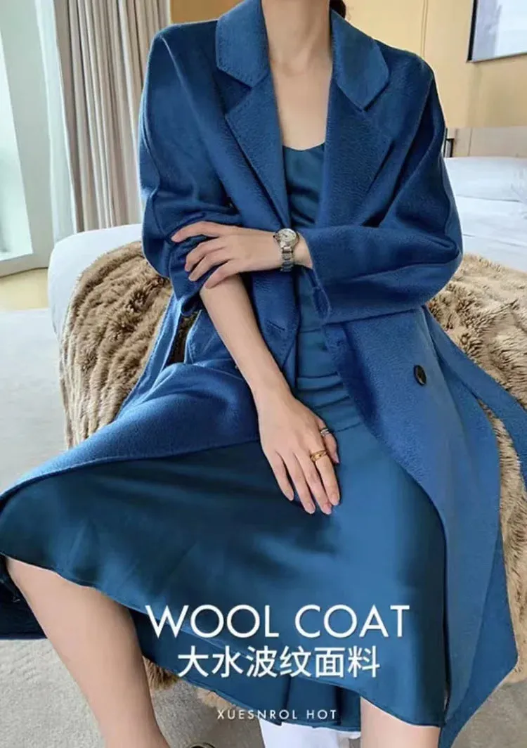 New Women High-end Double-sided Cashmere Coat Long Water Ripple Coats Double-sided Woolen Jacket Loose Tie Female Autumn Winter