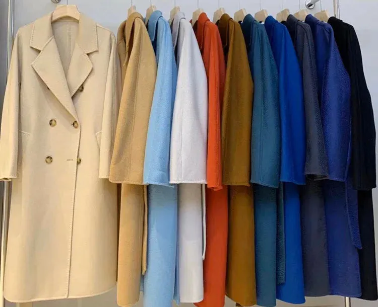 New Women High-end Double-sided Cashmere Coat Long Water Ripple Coats Double-sided Woolen Jacket Loose Tie Female Autumn Winter