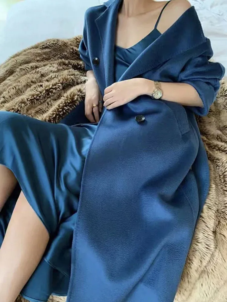 New Women High-end Double-sided Cashmere Coat Long Water Ripple Coats Double-sided Woolen Jacket Loose Tie Female Autumn Winter