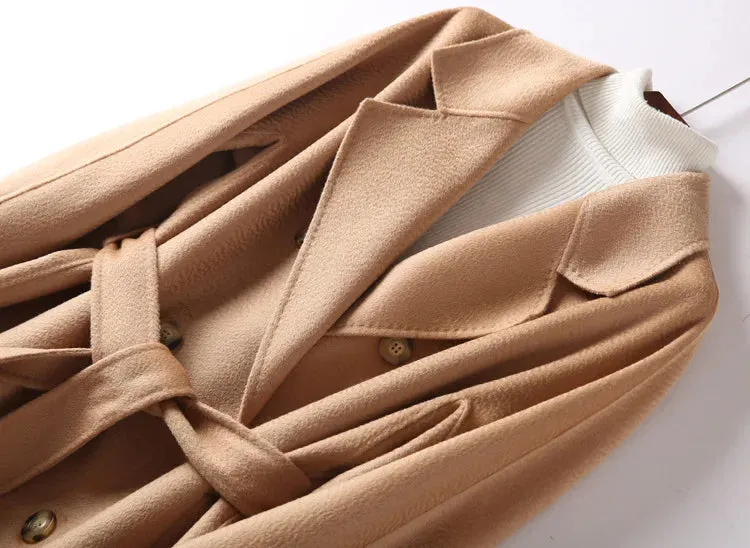 New Women High-end Double-sided Cashmere Coat Long Water Ripple Coats Double-sided Woolen Jacket Loose Tie Female Autumn Winter