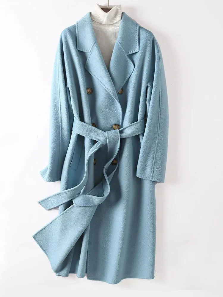 New Women High-end Double-sided Cashmere Coat Long Water Ripple Coats Double-sided Woolen Jacket Loose Tie Female Autumn Winter