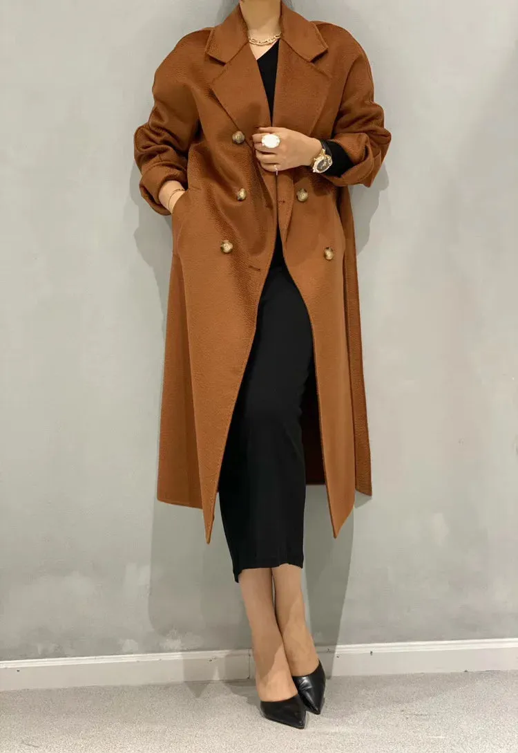 New Women High-end Double-sided Cashmere Coat Long Water Ripple Coats Double-sided Woolen Jacket Loose Tie Female Autumn Winter