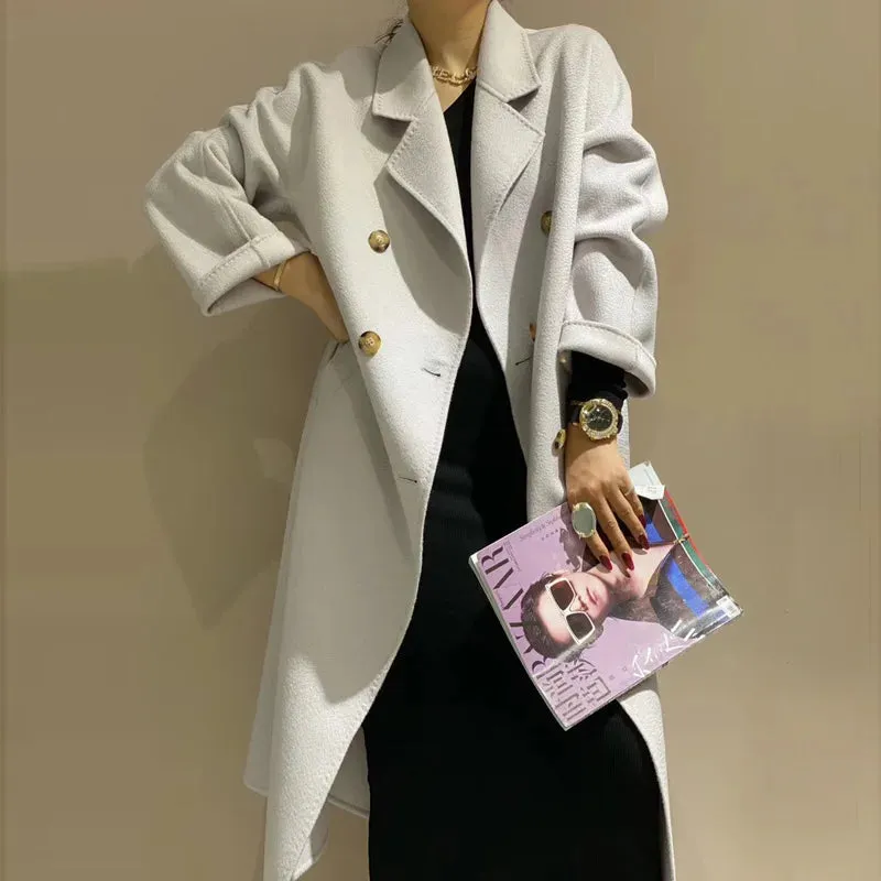 New Women High-end Double-sided Cashmere Coat Long Water Ripple Coats Double-sided Woolen Jacket Loose Tie Female Autumn Winter