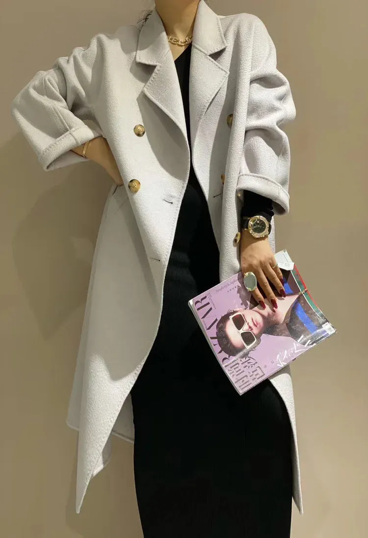 New Women High-end Double-sided Cashmere Coat Long Water Ripple Coats Double-sided Woolen Jacket Loose Tie Female Autumn Winter