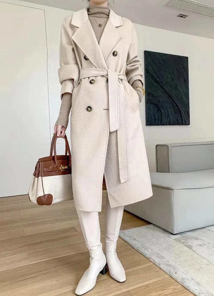 New Women High-end Double-sided Cashmere Coat Long Water Ripple Coats Double-sided Woolen Jacket Loose Tie Female Autumn Winter