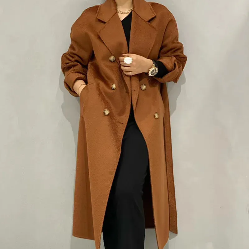 New Women High-end Double-sided Cashmere Coat Long Water Ripple Coats Double-sided Woolen Jacket Loose Tie Female Autumn Winter