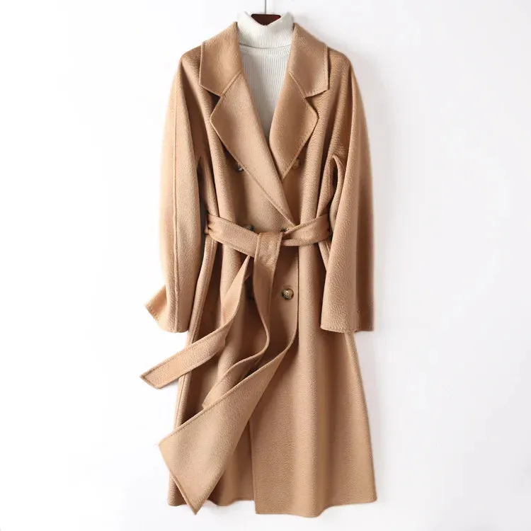 New Women High-end Double-sided Cashmere Coat Long Water Ripple Coats Double-sided Woolen Jacket Loose Tie Female Autumn Winter