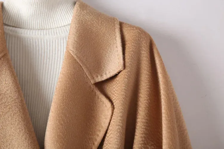 New Women High-end Double-sided Cashmere Coat Long Water Ripple Coats Double-sided Woolen Jacket Loose Tie Female Autumn Winter
