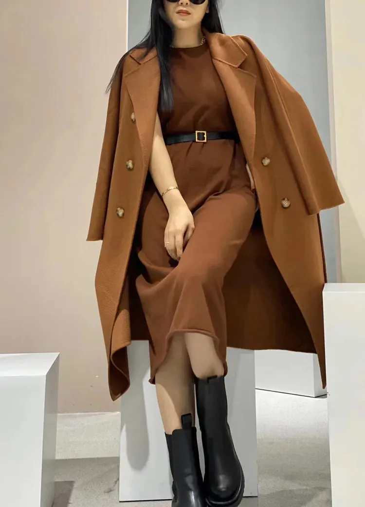 New Women High-end Double-sided Cashmere Coat Long Water Ripple Coats Double-sided Woolen Jacket Loose Tie Female Autumn Winter